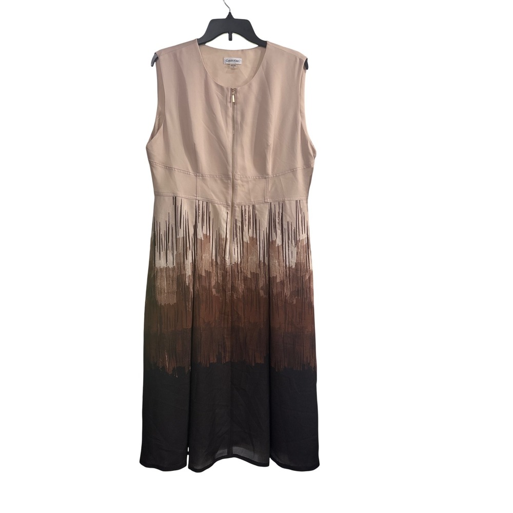 Calvin Klein Womens Ombre Brushstroke Zip Front Midi Dress Tan Brown Size 14